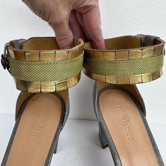 Sundance Leather Sandals Womens 10 EU 41 Pewter High Block Heels Ankle Straps - Picture 5 of 12